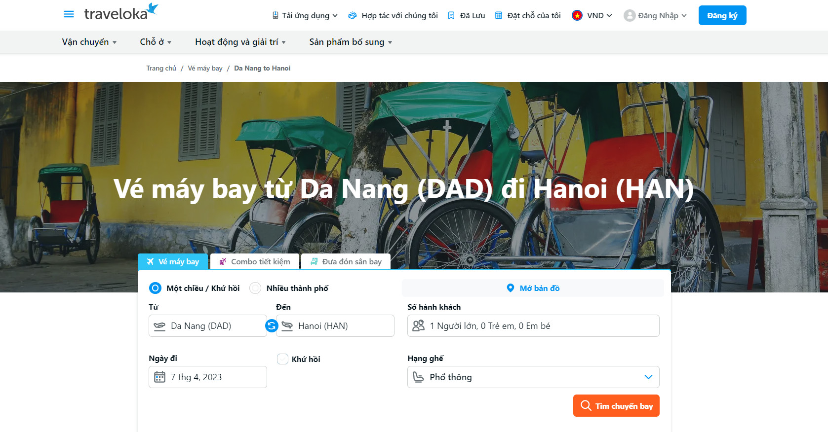 Giao diện đặt vé máy bay Đà Nẵng Hà Nội | Nguồn: Traveloka